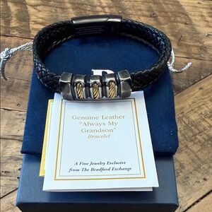 The Bradford Exchange Black and Gold Leather "Always My Grandson". Bracelet.